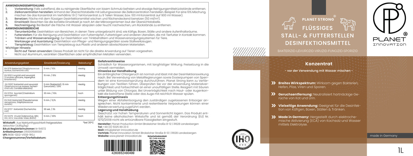 Stalldesinfektionsmittel Konzentrat Planet Strong® – Wirksam gegen Bakterien, Pilze & behüllte Viren (z. B. Influenza-Viren) – Für Ställe, Tierhaltung, Flächen & Futterstellen | Made in Germany