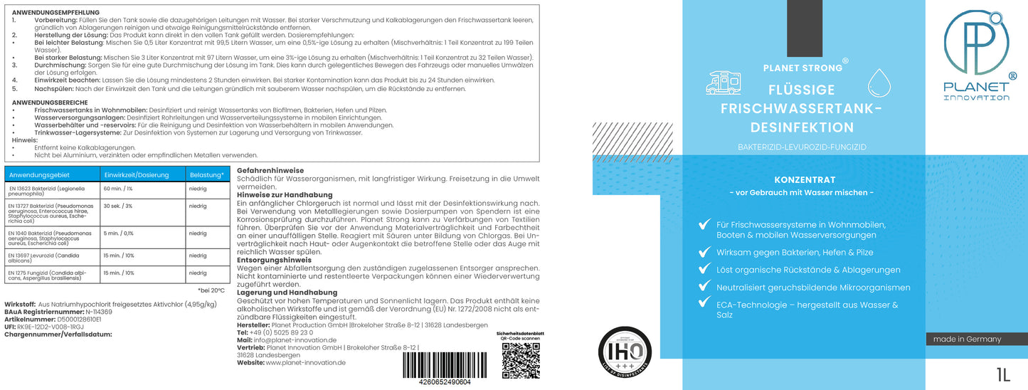 Frischwassertank-Reiniger für Wohnmobil & Wohnwagen – Planet Strong® zur Tankhygiene | Tankdesinfektion | Made in Germany