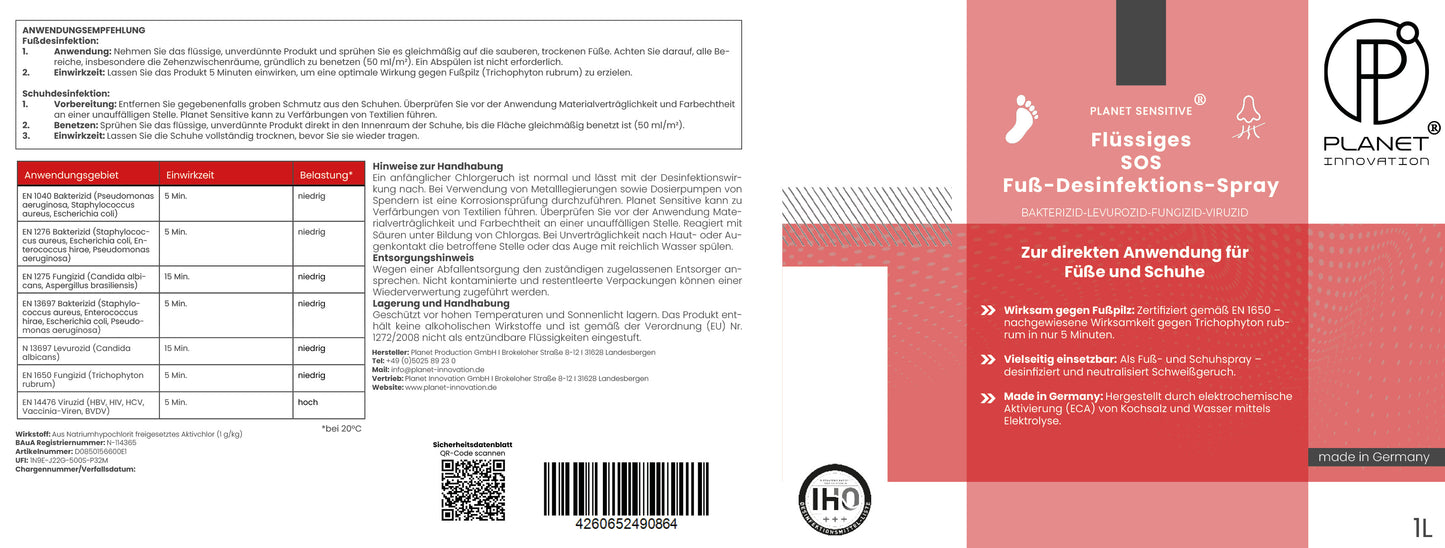 1L SOS Desinfektionsspray für Füße & Schuhe | Planet Sensitive® wirksam gegen Fußpilz, Bakterien, Viren, Hefepilze & Gerüche | Fuß-Desinfektion-Spray | Made in Germany