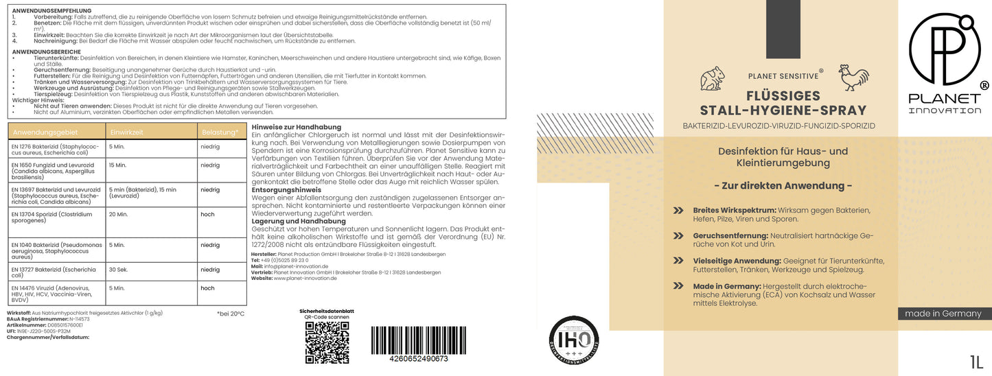 Stall-Hygiene Spray – Desinfektionsmittel für Käfige, Ställe & Tierbereiche | Wirksam gegen Bakterien, Pilze & behüllte Viren (z. B. Influenza-Viren) | Planet Sensitive® zur Flächendesinfektion