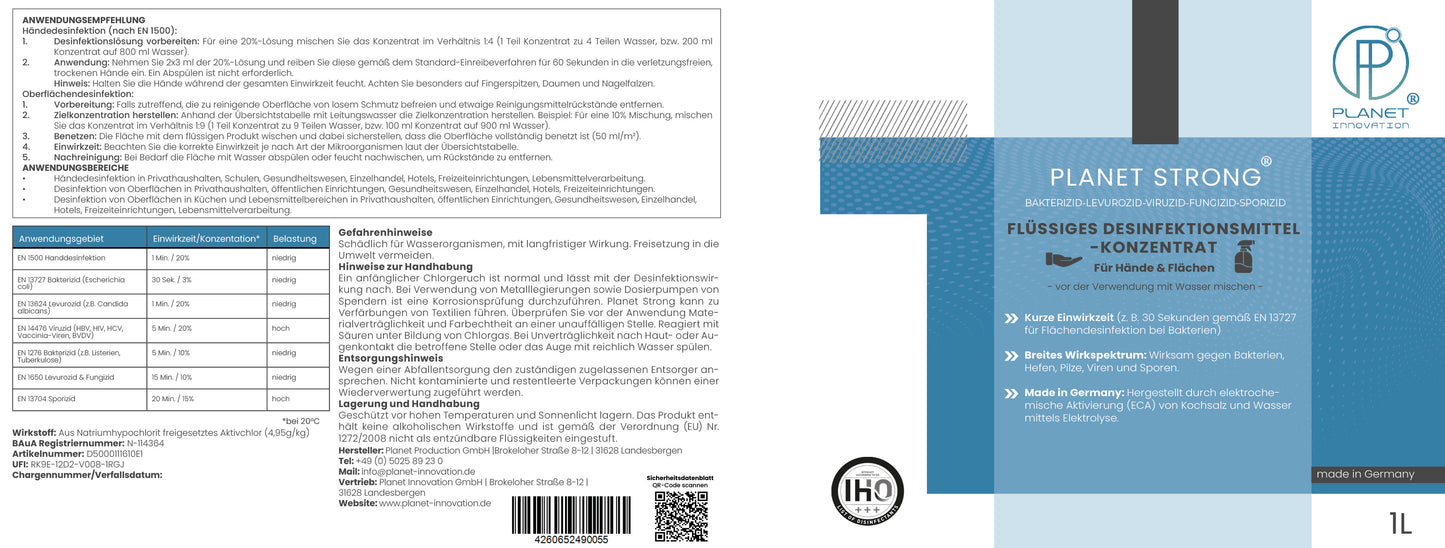 Planet Strong® – Flächendesinfektionsmittel Konzentrat | Für Küche, Bad & Oberflächen | Alkoholfrei & basisch | Wirksam gegen Bakterien, Viren, Pilze, Schimmel & Gerüche | Made in Germany