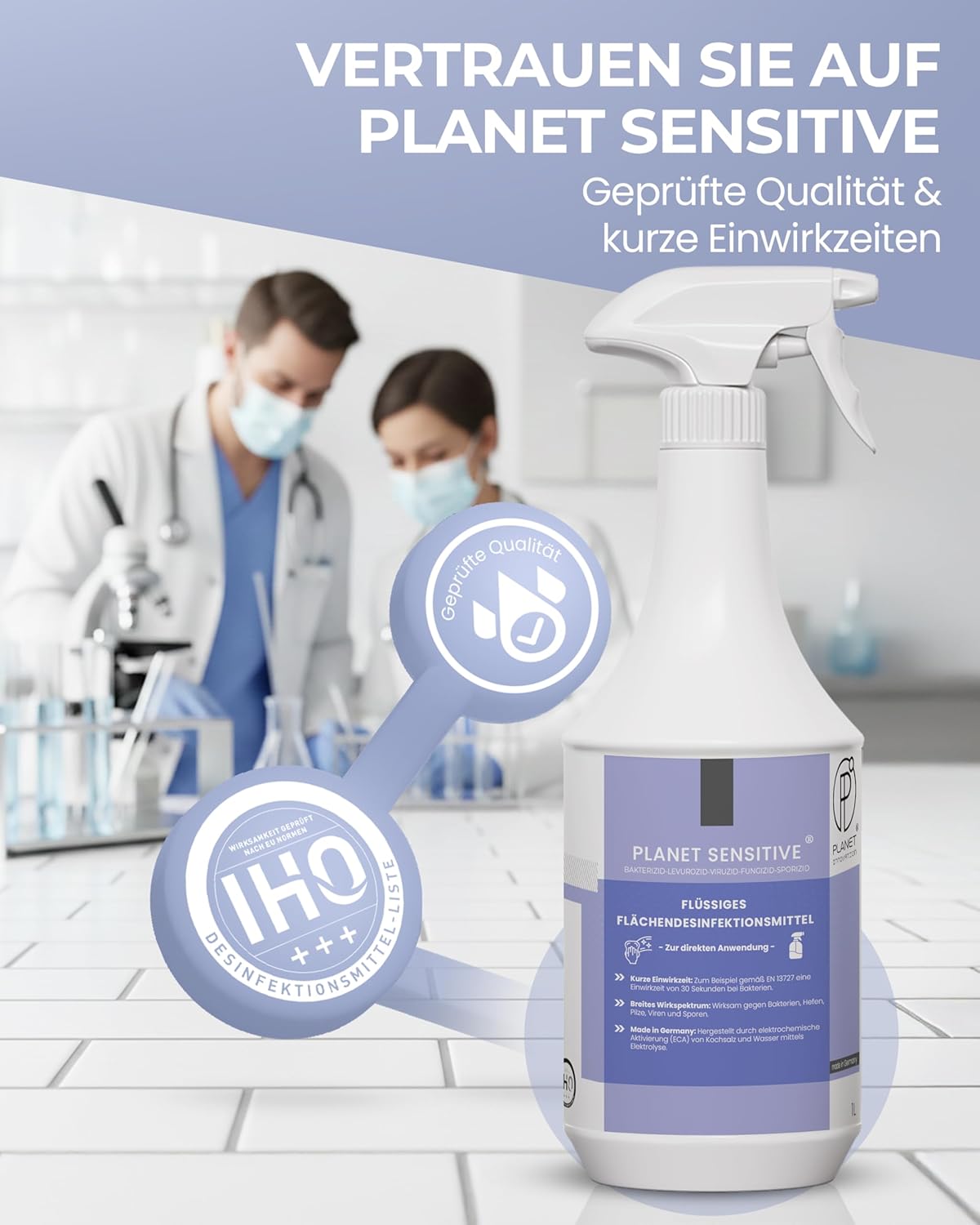 PI - Alkoholfreies Flächendesinfektionsmittel 1L – Desinfektionsmittel für Flächen & Oberflächen – Schnelldesinfektion Planet Sensitive® für Haushalt, Küche & Bad – Made in Germany