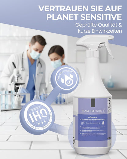 PI - Alkoholfreies Flächendesinfektionsmittel 1L – Desinfektionsmittel für Flächen & Oberflächen – Schnelldesinfektion Planet Sensitive® für Haushalt, Küche & Bad – Made in Germany