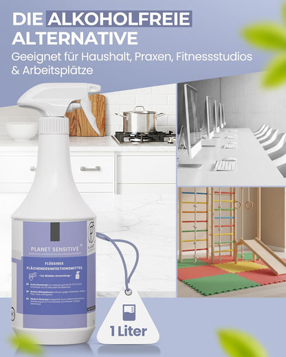 PI - Alkoholfreies Flächendesinfektionsmittel 1L – Desinfektionsmittel für Flächen & Oberflächen – Schnelldesinfektion Planet Sensitive® für Haushalt, Küche & Bad – Made in Germany