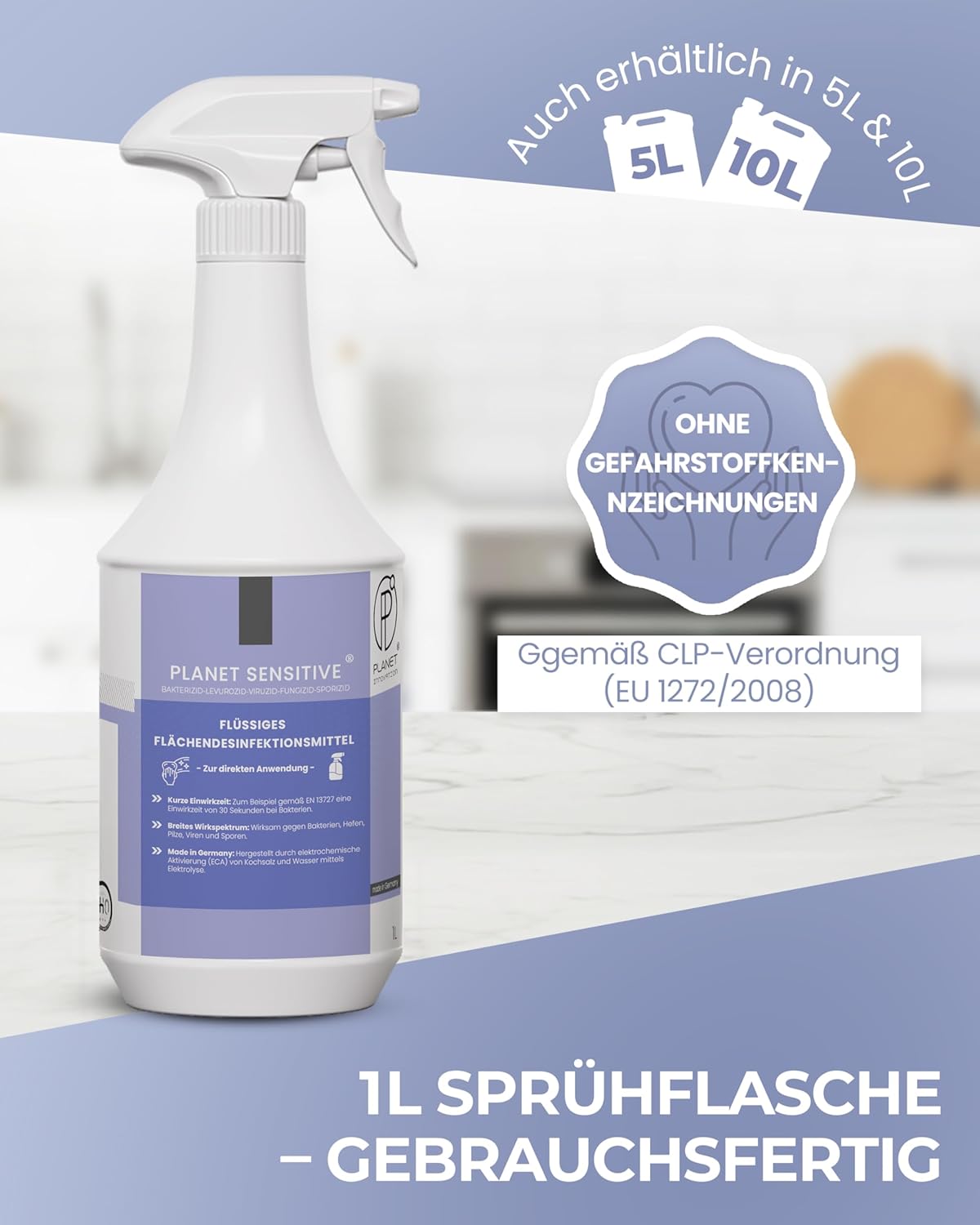 PI - Alkoholfreies Flächendesinfektionsmittel 1L – Desinfektionsmittel für Flächen & Oberflächen – Schnelldesinfektion Planet Sensitive® für Haushalt, Küche & Bad – Made in Germany