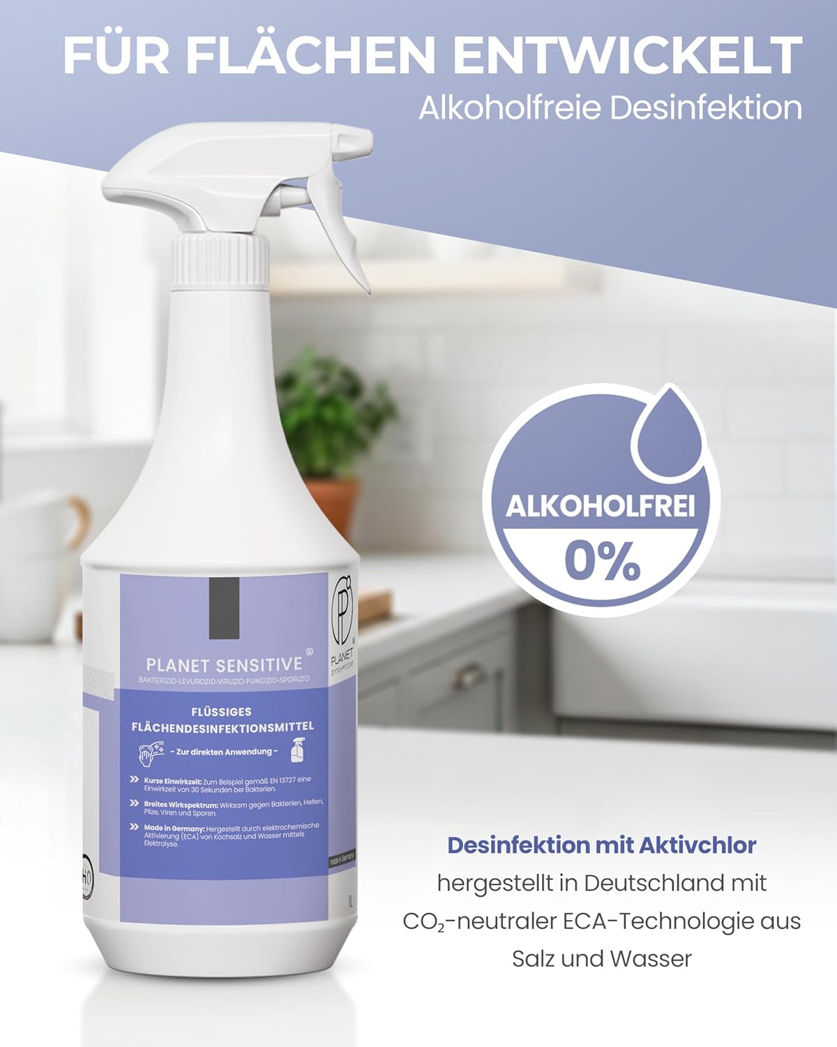 PI - Alkoholfreies Flächendesinfektionsmittel 1L – Desinfektionsmittel für Flächen & Oberflächen – Schnelldesinfektion Planet Sensitive® für Haushalt, Küche & Bad – Made in Germany