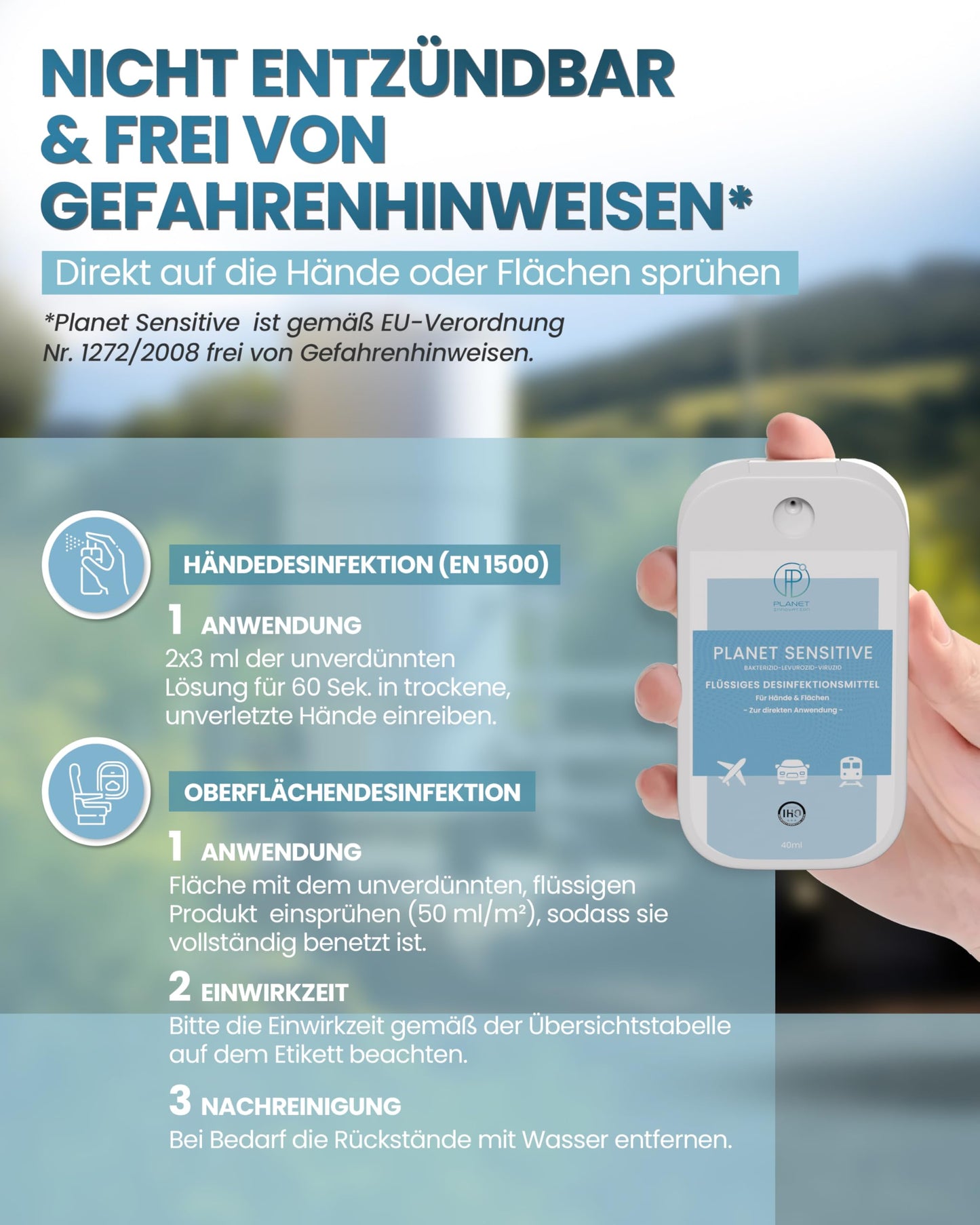 Hygiene unterwegs – alkoholfreies Desinfektionsspray Planet Sensitive | kompakt & gebrauchsfertig