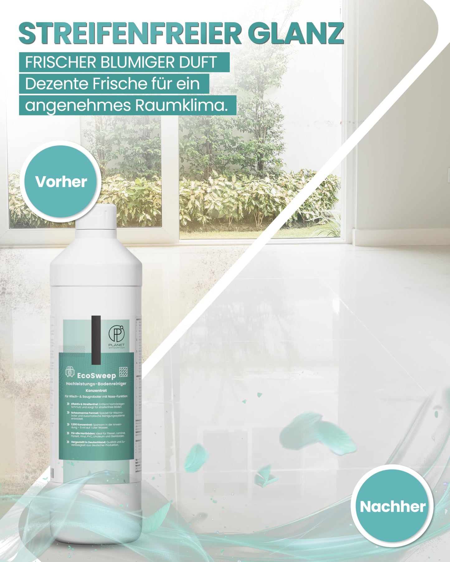 EcoSweep – 1L Profi-Bodenreiniger Konzentrat (1:200) für Wisch- & Saugroboter mit Nassfunktion | Streifenfrei, materialschonend, kraftvoll gegen Schmutz | Kompatibel mit Roborock, Dreame, Ecovacs