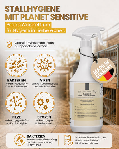 Stall-Hygiene Spray – Desinfektionsmittel für Käfige, Ställe & Tierbereiche | Wirksam gegen Bakterien, Pilze & behüllte Viren (z. B. Influenza-Viren) | Planet Sensitive® zur Flächendesinfektion