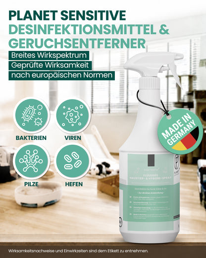 Haustiere Hygiene-Spray & Desinfektionsmittel für Hund, Katze & Co | Planet Sensitive® gegen Bakterien, Viren, Pilze & Sporen | Geruchsbeseitigung Kleintiere | Made in Germany