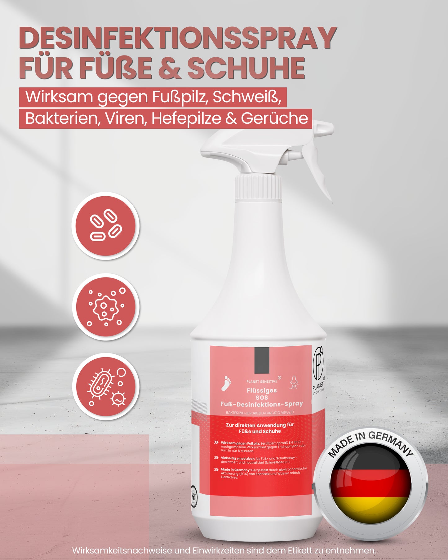 1L SOS Desinfektionsspray für Füße & Schuhe | Planet Sensitive® wirksam gegen Fußpilz, Bakterien, Viren, Hefepilze & Gerüche | Fuß-Desinfektion-Spray | Made in Germany
