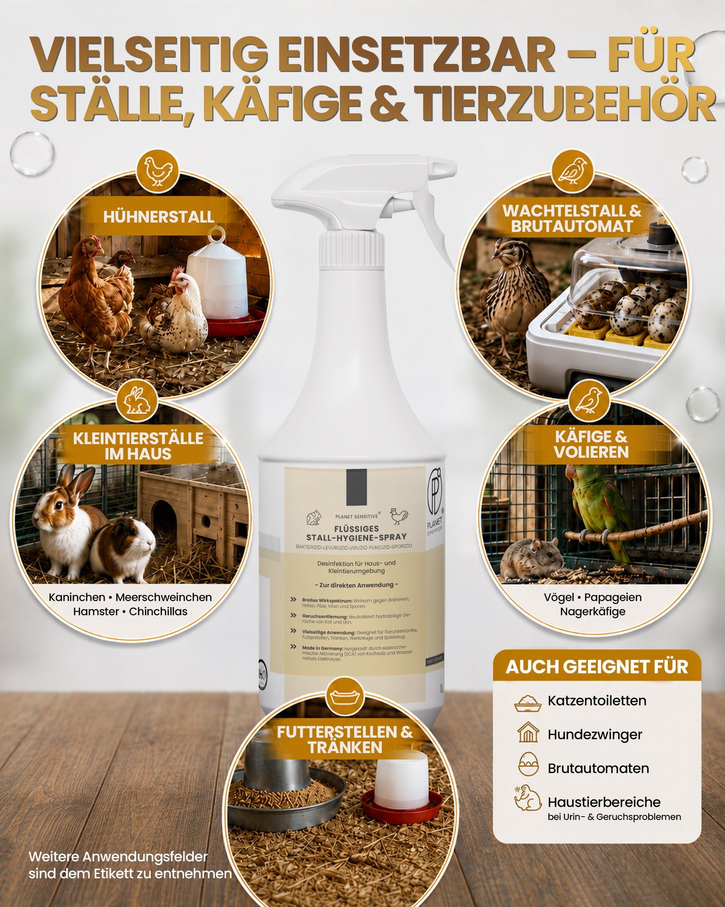 Stall-Hygiene Spray – Desinfektionsmittel für Käfige, Ställe & Tierbereiche | Wirksam gegen Bakterien, Pilze & behüllte Viren (z. B. Influenza-Viren) | Planet Sensitive® zur Flächendesinfektion