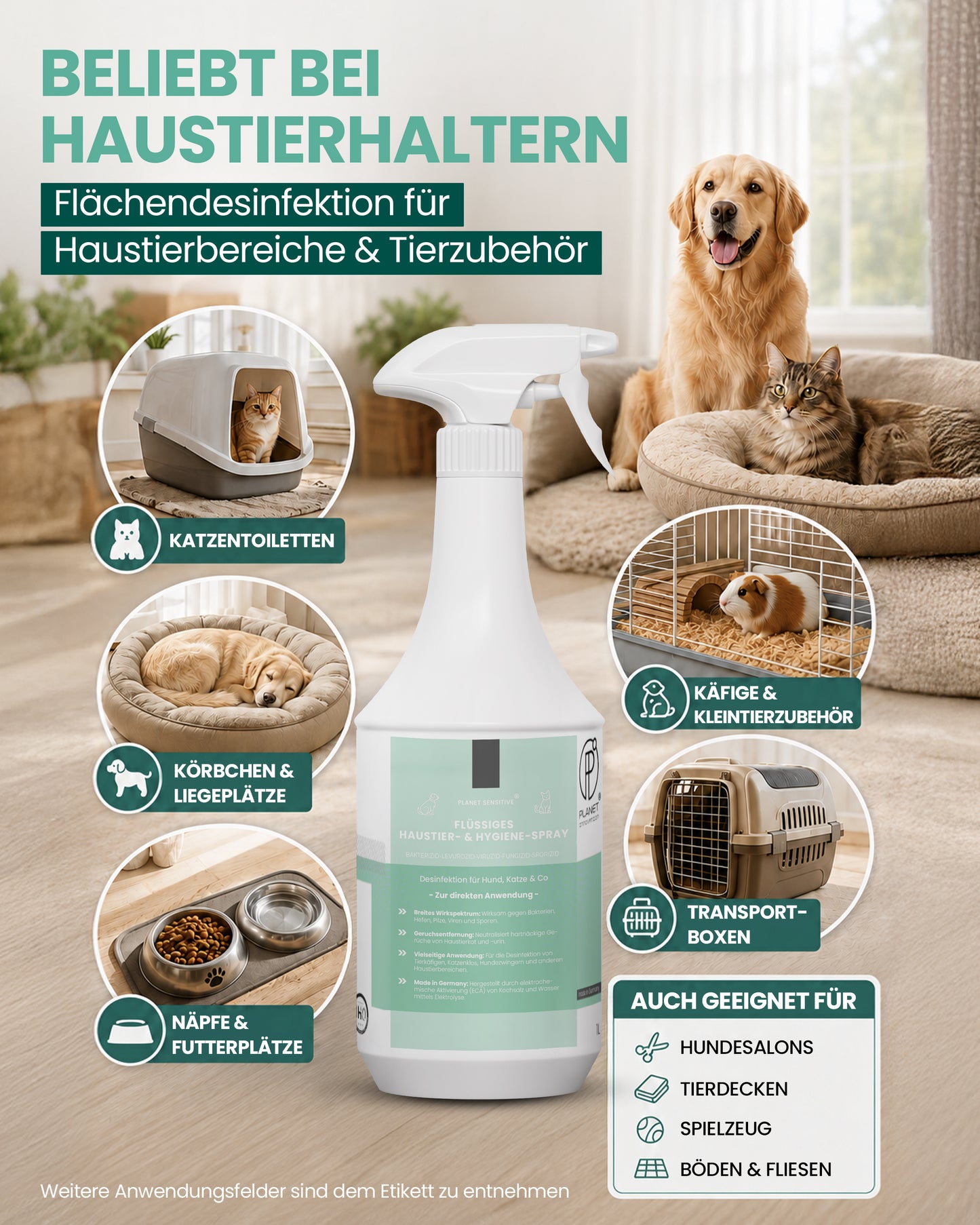 Haustiere Hygiene-Spray & Desinfektionsmittel für Hund, Katze & Co | Planet Sensitive® gegen Bakterien, Viren, Pilze & Sporen | Geruchsbeseitigung Kleintiere | Made in Germany
