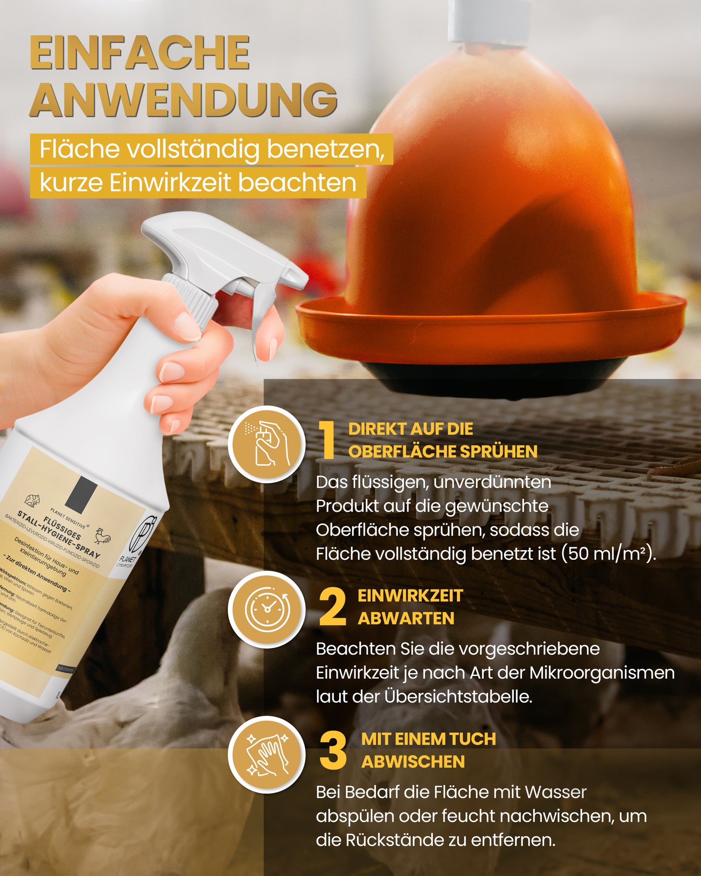 Stall-Hygiene Spray – Desinfektionsmittel für Käfige, Ställe & Tierbereiche | Wirksam gegen Bakterien, Pilze & behüllte Viren (z. B. Influenza-Viren) | Planet Sensitive® zur Flächendesinfektion