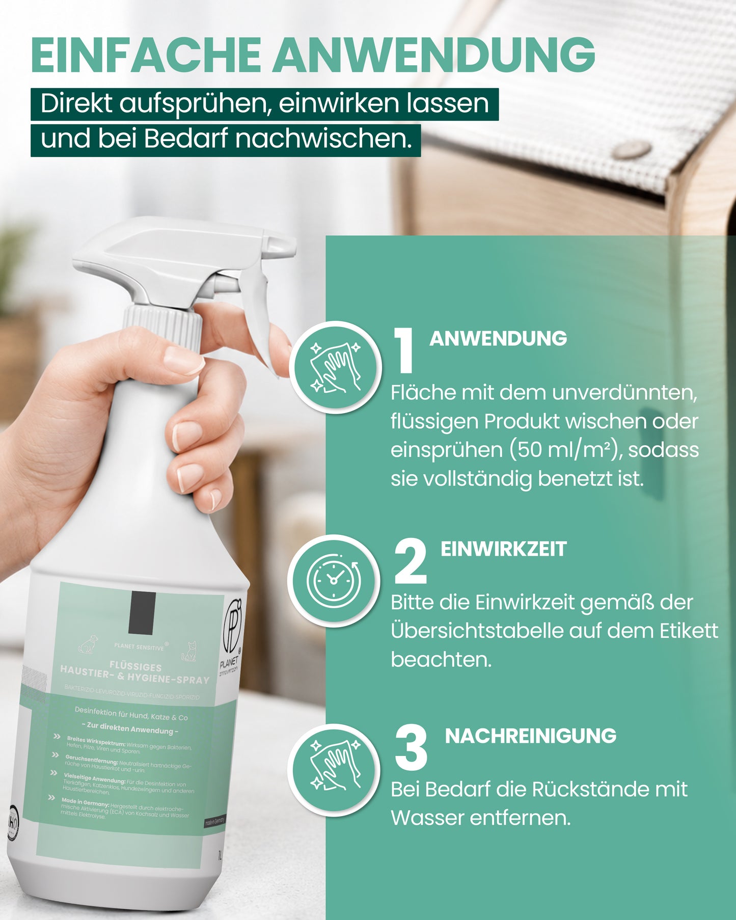 Haustiere Hygiene-Spray & Desinfektionsmittel für Hund, Katze & Co | Planet Sensitive® gegen Bakterien, Viren, Pilze & Sporen | Geruchsbeseitigung Kleintiere | Made in Germany