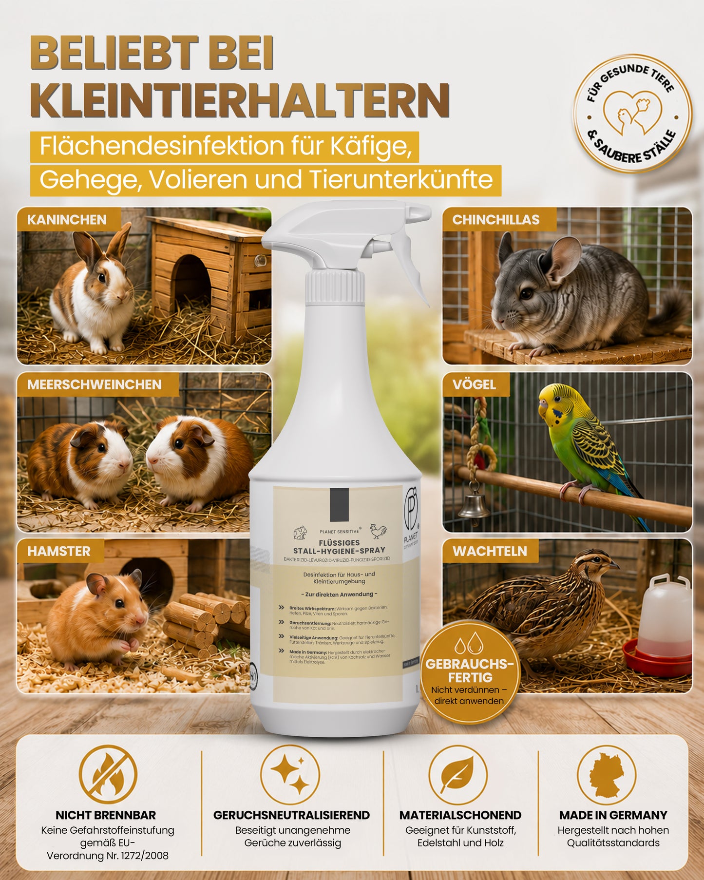 Stall-Hygiene Spray – Desinfektionsmittel für Käfige, Ställe & Tierbereiche | Wirksam gegen Bakterien, Pilze & behüllte Viren (z. B. Influenza-Viren) | Planet Sensitive® zur Flächendesinfektion