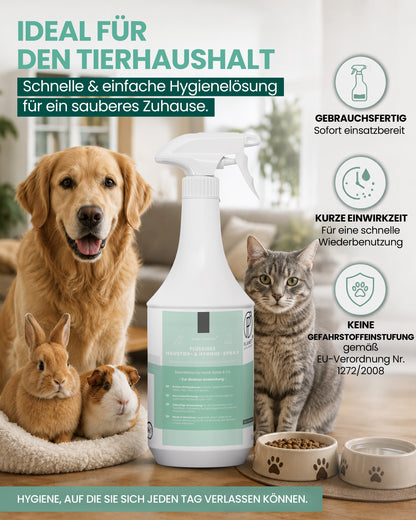 Haustiere Hygiene-Spray & Desinfektionsmittel für Hund, Katze & Co | Planet Sensitive® gegen Bakterien, Viren, Pilze & Sporen | Geruchsbeseitigung Kleintiere | Made in Germany
