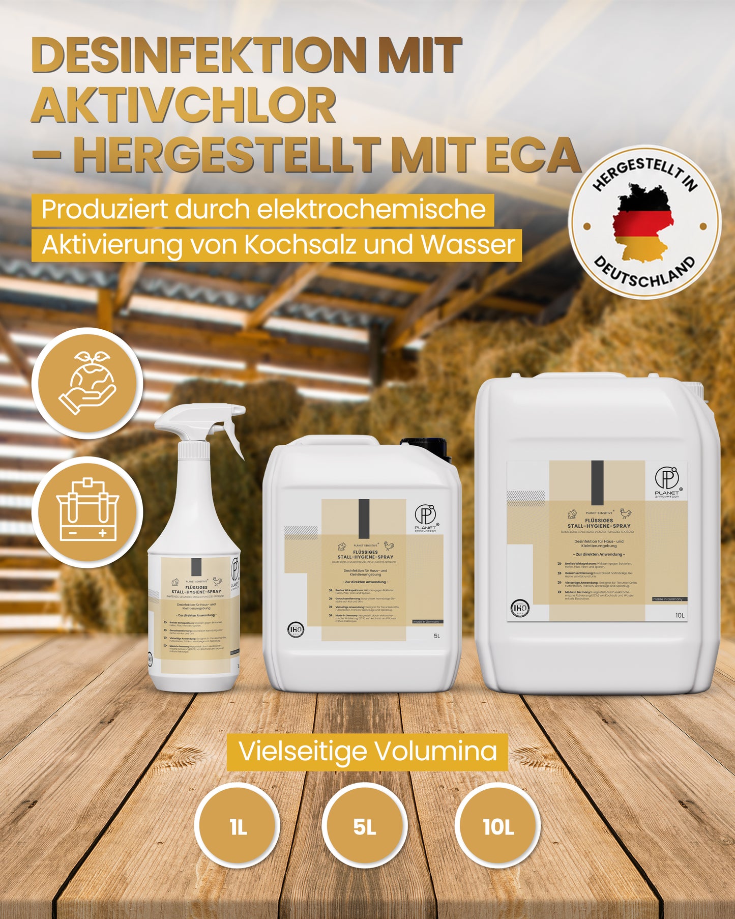 Stall-Hygiene Spray – Desinfektionsmittel für Käfige, Ställe & Tierbereiche | Wirksam gegen Bakterien, Pilze & behüllte Viren (z. B. Influenza-Viren) | Planet Sensitive® zur Flächendesinfektion