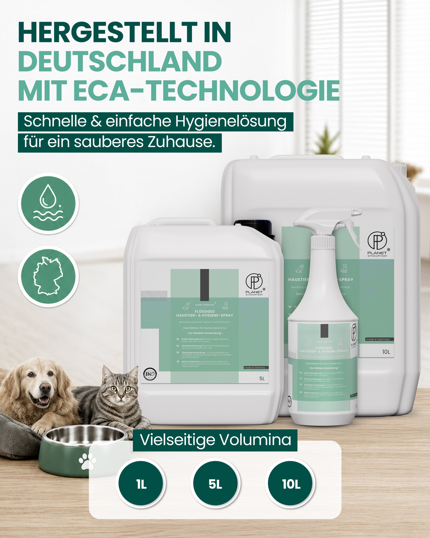 Haustiere Hygiene-Spray & Desinfektionsmittel für Hund, Katze & Co | Planet Sensitive® gegen Bakterien, Viren, Pilze & Sporen | Geruchsbeseitigung Kleintiere | Made in Germany