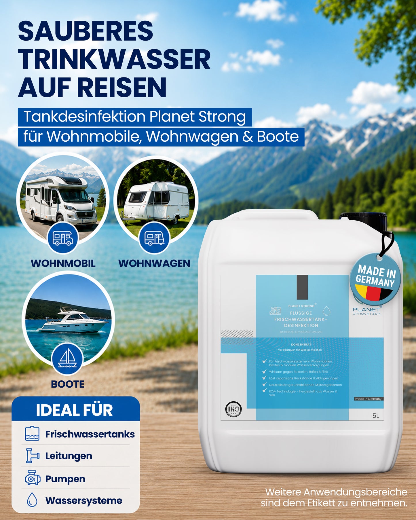 Frischwassertank-Reiniger für Wohnmobil & Wohnwagen – Planet Strong® zur Tankhygiene | Tankdesinfektion | Made in Germany