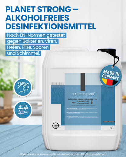 Planet Strong® – Flächendesinfektionsmittel Konzentrat | Für Küche, Bad & Oberflächen | Alkoholfrei & basisch | Wirksam gegen Bakterien, Viren, Pilze, Schimmel & Gerüche | Made in Germany