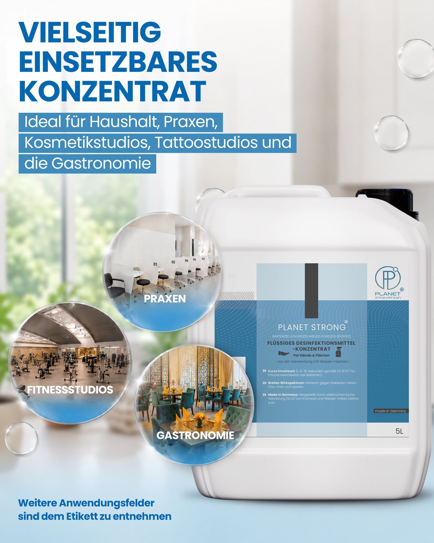 Planet Strong® – Flächendesinfektionsmittel Konzentrat | Für Küche, Bad & Oberflächen | Alkoholfrei & basisch | Wirksam gegen Bakterien, Viren, Pilze, Schimmel & Gerüche | Made in Germany