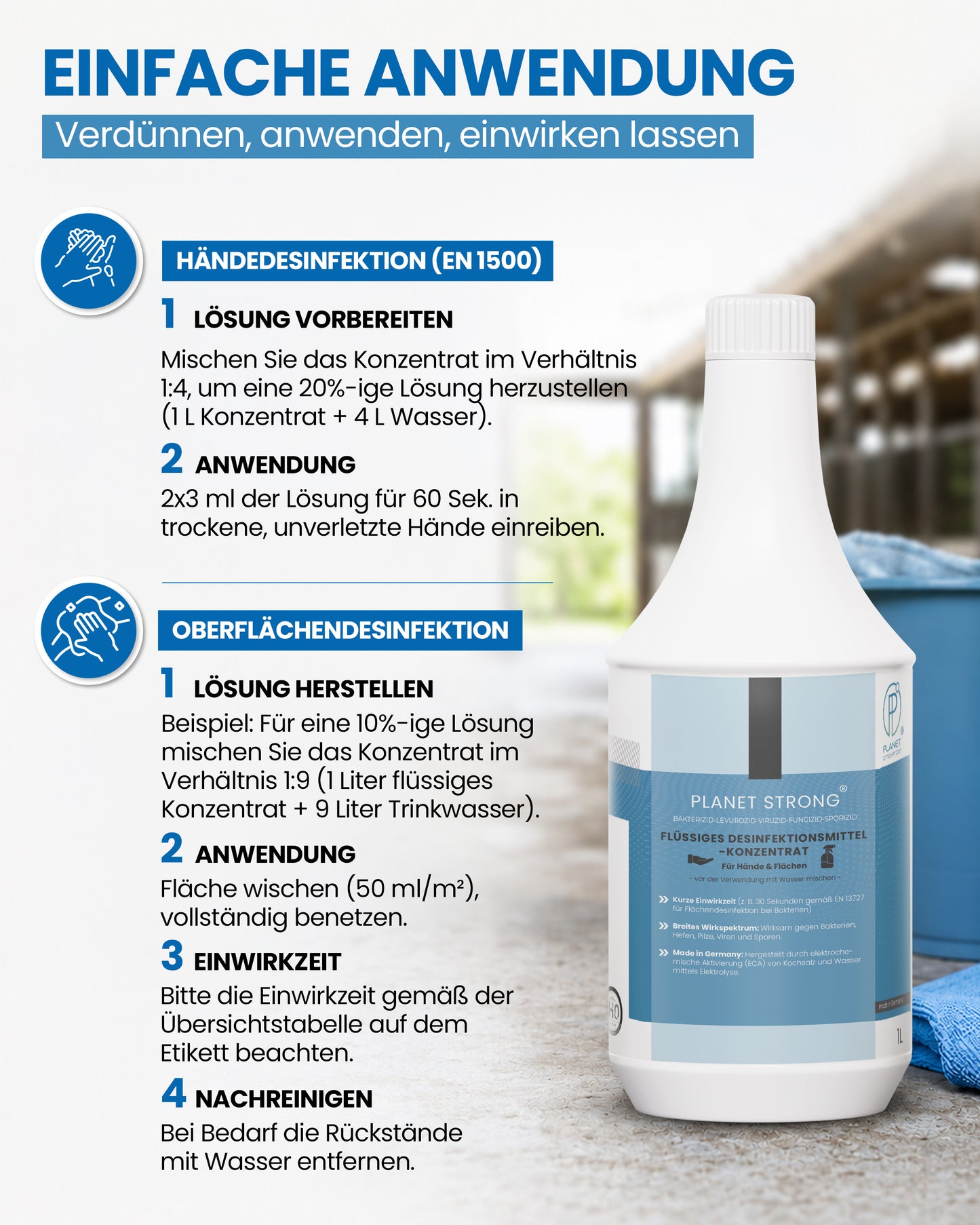Planet Strong® – Flächendesinfektionsmittel Konzentrat | Für Küche, Bad & Oberflächen | Alkoholfrei & basisch | Wirksam gegen Bakterien, Viren, Pilze, Schimmel & Gerüche | Made in Germany