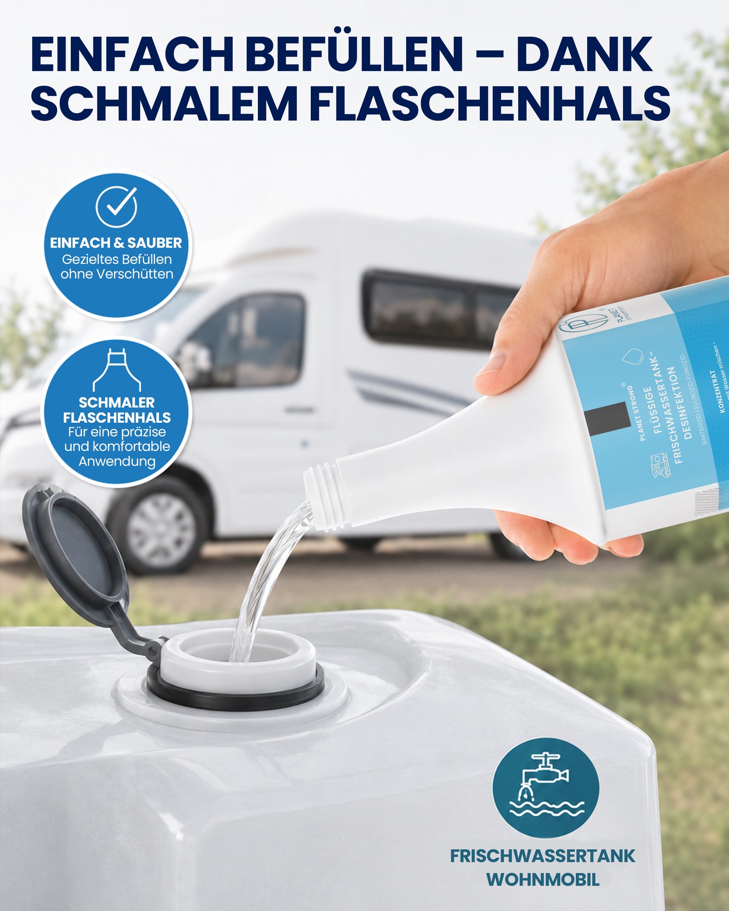 Frischwassertank-Reiniger für Wohnmobil & Wohnwagen – Planet Strong® zur Tankhygiene | Tankdesinfektion | Made in Germany