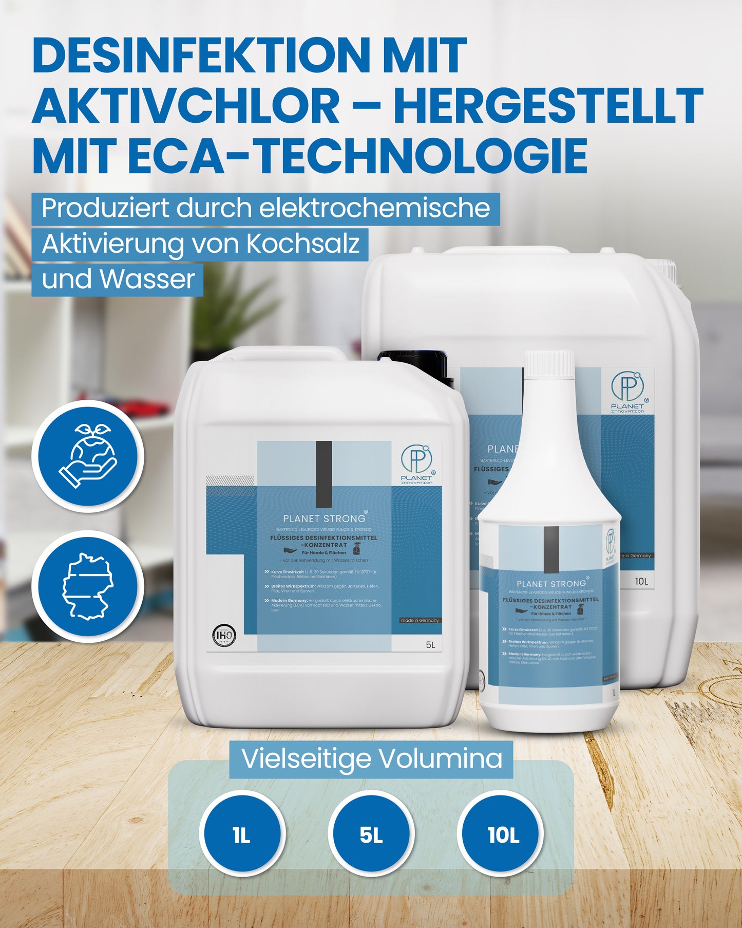 Planet Strong® – Flächendesinfektionsmittel Konzentrat | Für Küche, Bad & Oberflächen | Alkoholfrei & basisch | Wirksam gegen Bakterien, Viren, Pilze, Schimmel & Gerüche | Made in Germany