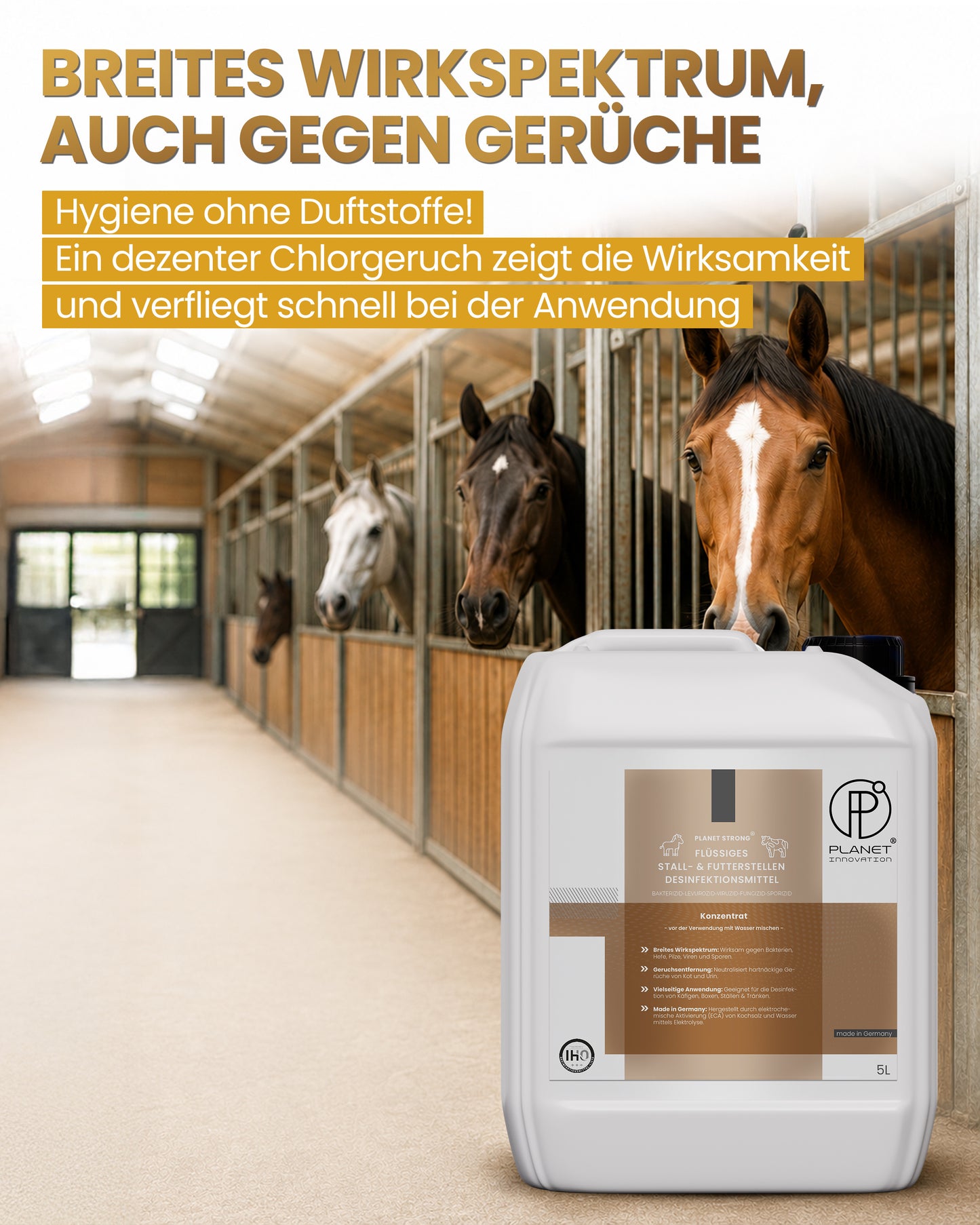 Stalldesinfektionsmittel Konzentrat Planet Strong® – Wirksam gegen Bakterien, Pilze & behüllte Viren (z. B. Influenza-Viren) – Für Ställe, Tierhaltung, Flächen & Futterstellen | Made in Germany