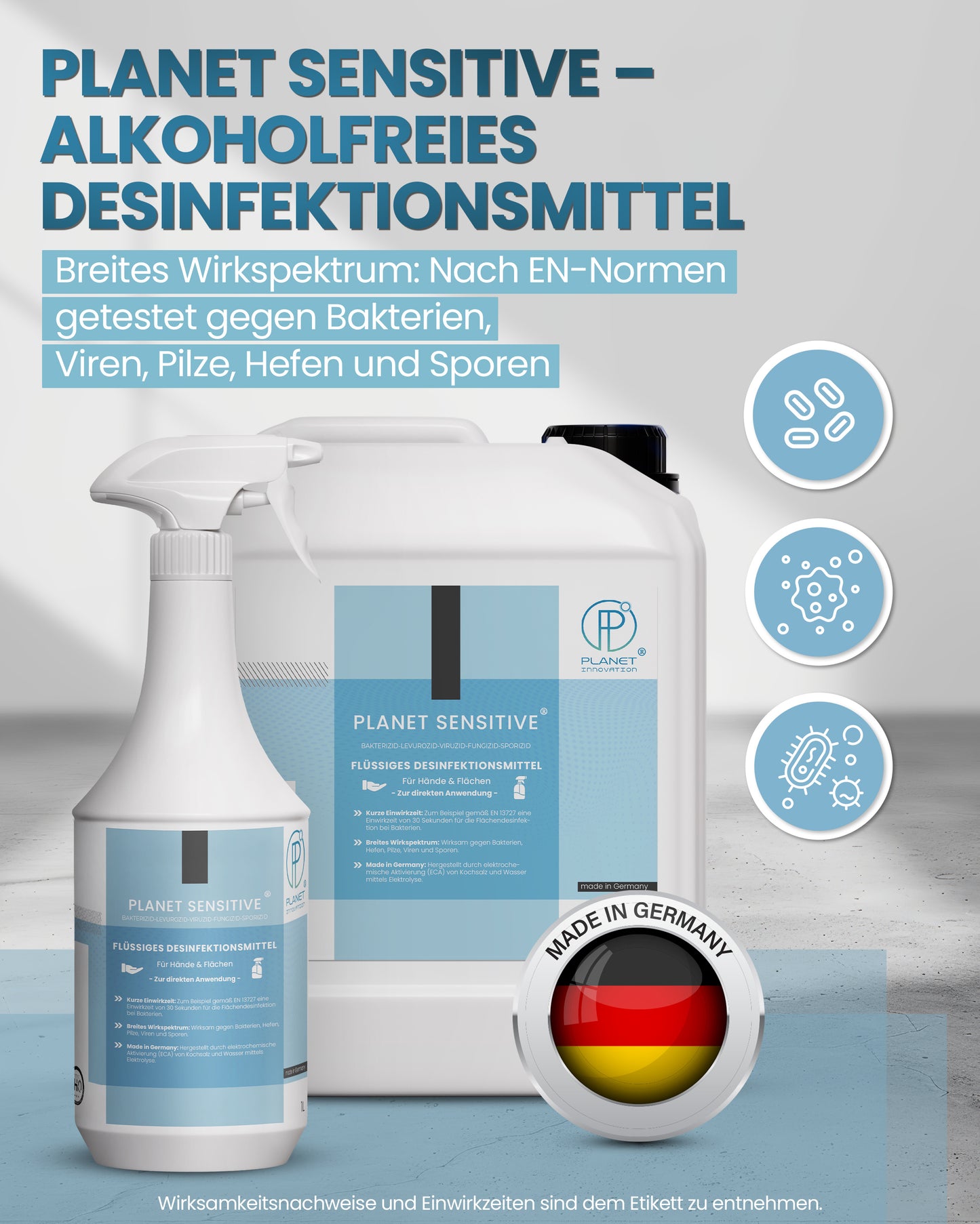 Planet Sensitive® - Alkoholfreies Desinfektionsmittel für Flächen, Oberflächen & Hände | Wirksam gegen Bakterien, Viren, Pilze, Sporen, Schimmel & entfernt Gerüche | Basisch