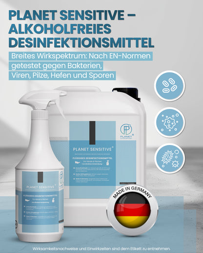 Planet Sensitive® - Alkoholfreies Desinfektionsmittel für Flächen, Oberflächen & Hände | Wirksam gegen Bakterien, Viren, Pilze, Sporen, Schimmel & entfernt Gerüche | Basisch