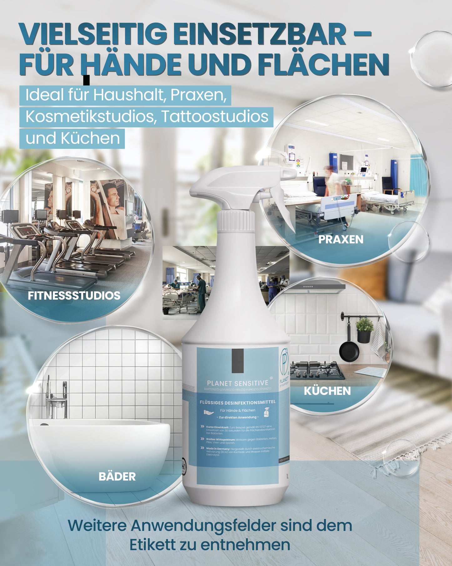 Planet Sensitive® - Alkoholfreies Desinfektionsmittel für Flächen, Oberflächen & Hände | Wirksam gegen Bakterien, Viren, Pilze, Sporen, Schimmel & entfernt Gerüche | Basisch