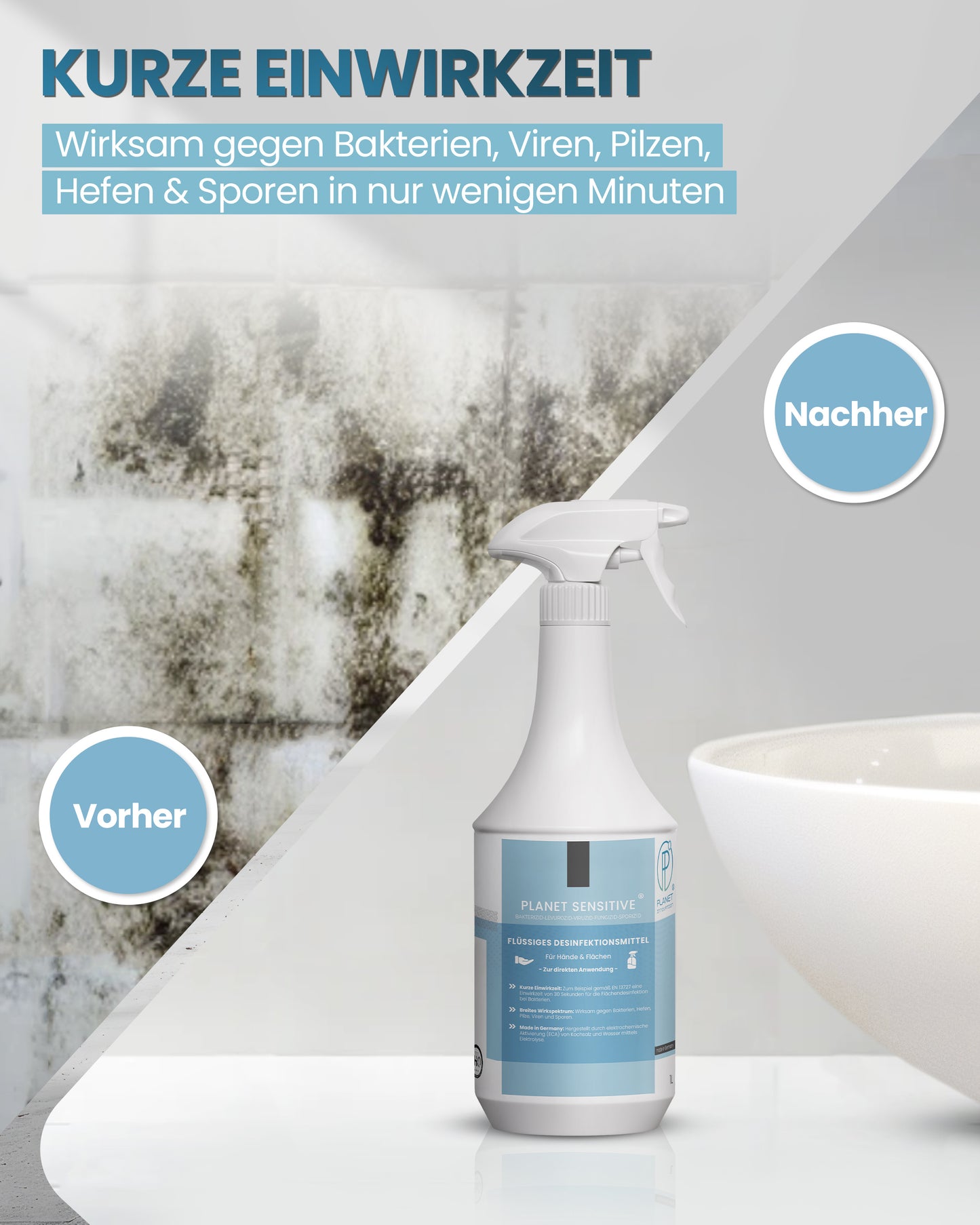 Planet Sensitive® - Alkoholfreies Desinfektionsmittel für Flächen, Oberflächen & Hände | Wirksam gegen Bakterien, Viren, Pilze, Sporen, Schimmel & entfernt Gerüche | Basisch