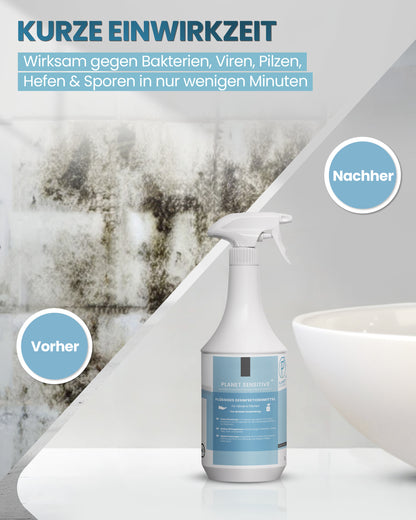Planet Sensitive® - Alkoholfreies Desinfektionsmittel für Flächen, Oberflächen & Hände | Wirksam gegen Bakterien, Viren, Pilze, Sporen, Schimmel & entfernt Gerüche | Basisch