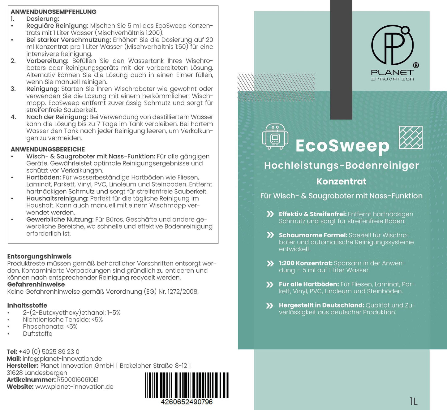 EcoSweep – 1L Profi-Bodenreiniger Konzentrat (1:200) für Wisch- & Saugroboter mit Nassfunktion | Streifenfrei, materialschonend, kraftvoll gegen Schmutz | Kompatibel mit Roborock, Dreame, Ecovacs