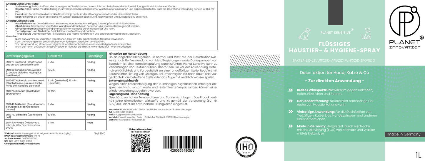 Haustiere Hygiene-Spray & Desinfektionsmittel für Hund, Katze & Co | Planet Sensitive® gegen Bakterien, Viren, Pilze & Sporen | Geruchsbeseitigung Kleintiere | Made in Germany