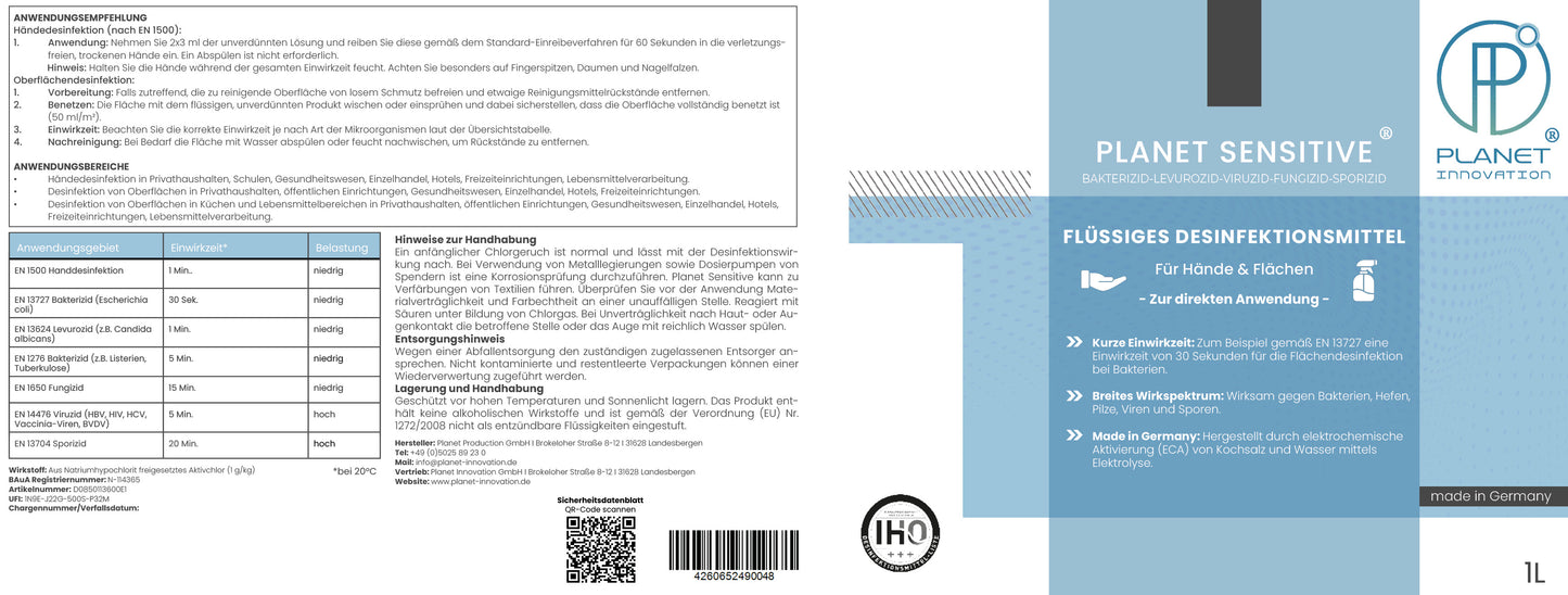 Planet Sensitive® - Alkoholfreies Desinfektionsmittel für Flächen, Oberflächen & Hände | Wirksam gegen Bakterien, Viren, Pilze, Sporen, Schimmel & entfernt Gerüche | Basisch